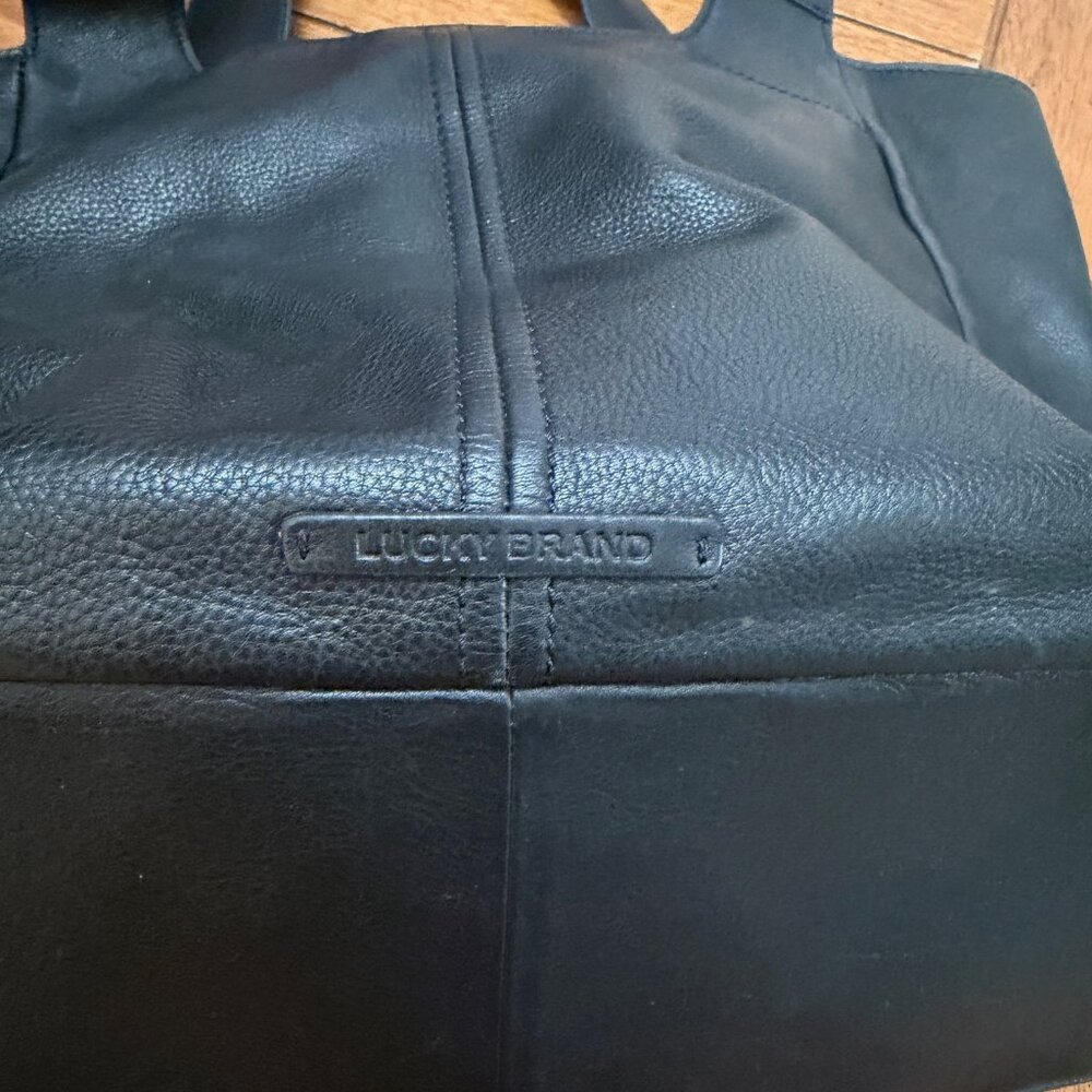 Lucky Brand Black Leather Tote Bag | Braided Leather & Fringe | Multi-Pocket - Picture 4 of 4